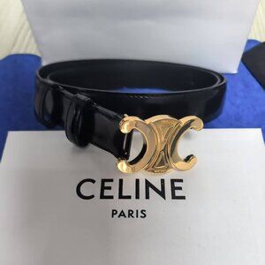 Celine Women's Belt All Black Gold Logo Belt